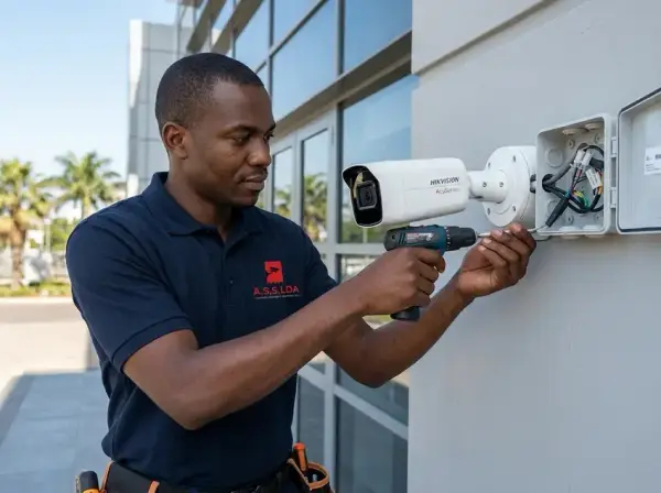 A.S.S. LDA technician mounting a bullet CCTV camera on a wall